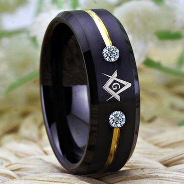 Black Golden Line White Crystals Masonic Tungsten Carbide Ring - The Jewellery Supermarket